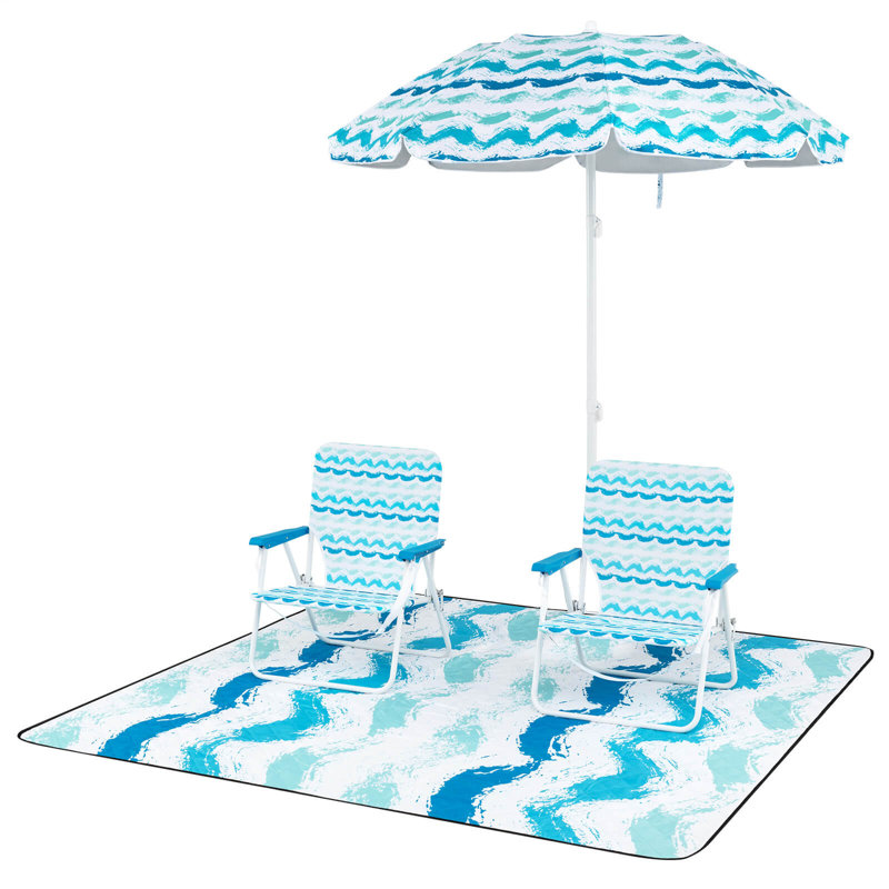 4 PCS Beach Umbrella Set with 2 Foldable Chairs & Picnic Blanket, Tilt Mechanism Blue, Blue Abstract