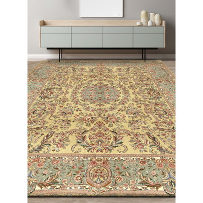 Tapis doré et vert clair de haute qualité noué à la main