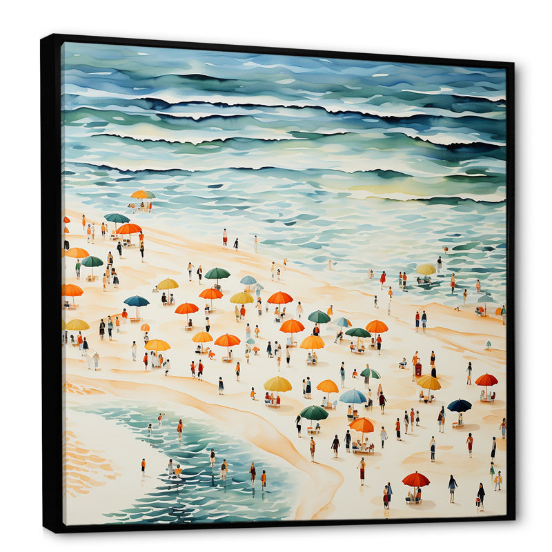 Beach Day Umbrella Parade III - Beach People, art mural, Cadre photo noir, H 36 po x l 36 po