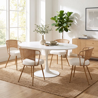5-Piece Extendable Oval Dining Set with Light Natural Pedestal Table and 4 Brown Wicker Cushioned Chairs