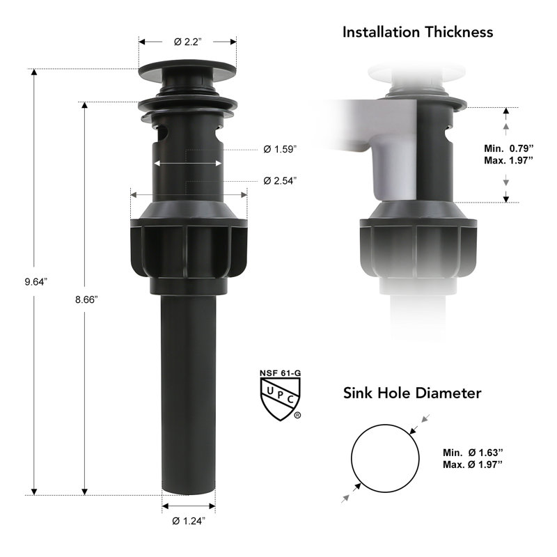 Ensemble de drain escamotable pour salle de bain avec trop-plein pour meuble-lavabo, noir mat