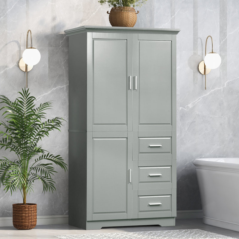 Armoire de rangement haute et large avec portes - Trois tiroirs, gris, pour salle de bain et bureau - Mobilier de rangement de bureau pour salle de bain
