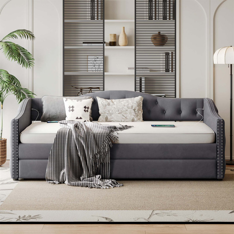Twin Size Upholstered Daybed with Trundle, USB Charging, and Built-in Study Desk for Space-Smart Living.