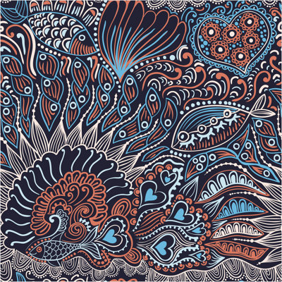 " Abstract Fish, Hearts, Flowers " by Pridumala