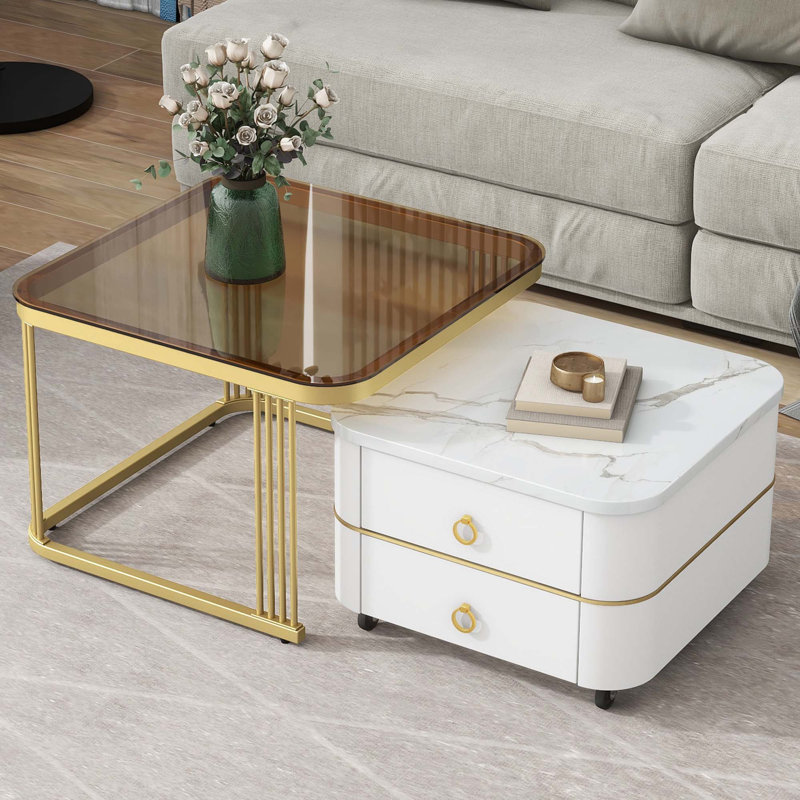 Table basse gigogne carrée 2-en-1 avec roues et tiroirs, Blanc