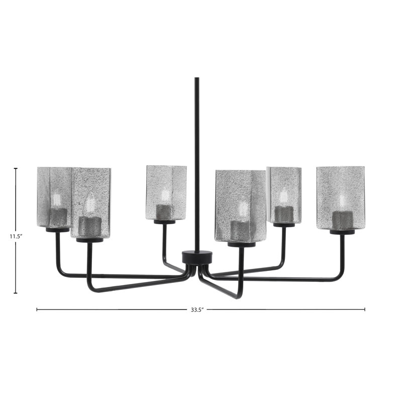 Lustre 6 lumières Amarmula, finition noir mat, verre carré fumée de 3,5 po, Transparent/noir, Noir