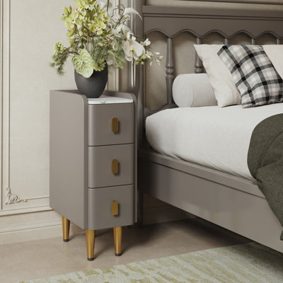 Agripina Narrow Nightstand with Drawers, Small Side Table with Leather Surface for Bedroom and Living Room