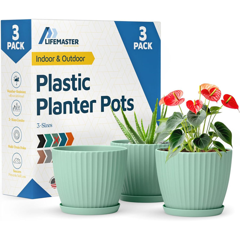 Mint 6-Inch Plant Pots with Drainage & Saucers 3 Pack, Indoor & Outdoor Planters for Houseplants, Herbs, and Flowers, Durable & Weatherproof Material, Stackable, Lightweight, Minimalist Design