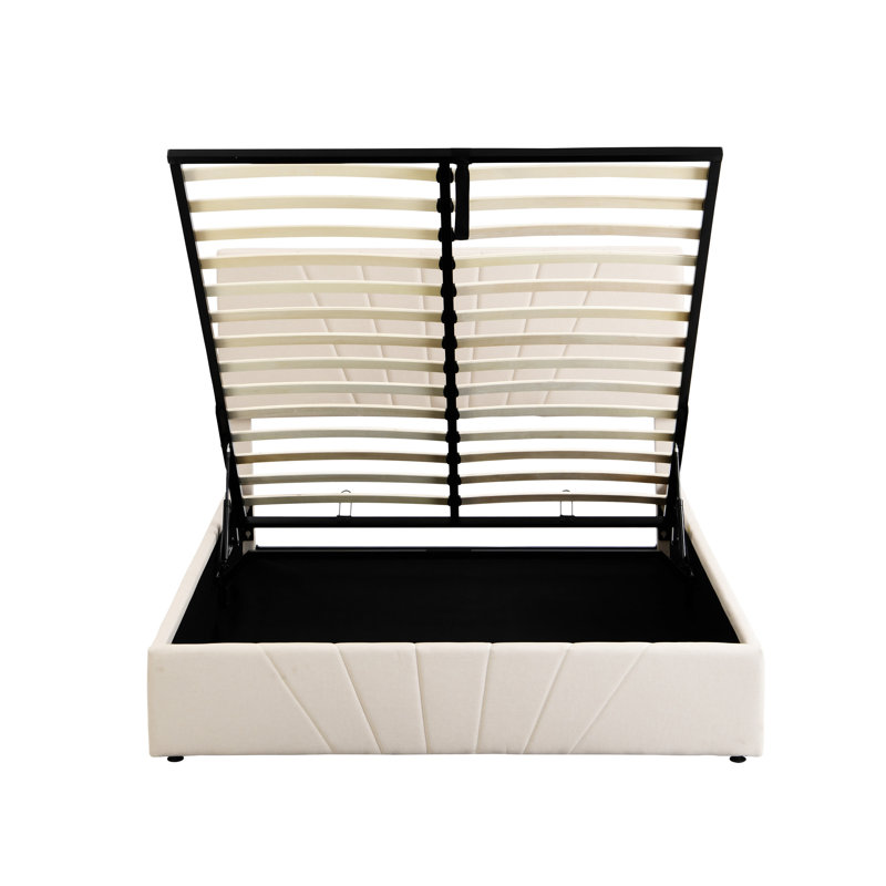 Lit plateforme tapissier, base de lit avec système de rangement hydraulique, Beige, Grand