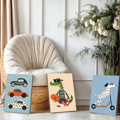 Ensemble de 3 affiches encadrées, toiles décoratives pour chambre d'enfant, animaux mignons et voitures, crocodile ludique en planche à roulettes et trottinette dalmatien, décoration moderne pour chambre d'enfant, impressions sur le thème des dessins animés pour garçons et filles, décoration amusante pour la maison