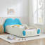 Lit simple mignon en forme de nuage pour enfants en cuir de polyuréthane avec garde-corps, lit de sécurité pour tout-petits avec dessin bleu et beige et poche de rangement