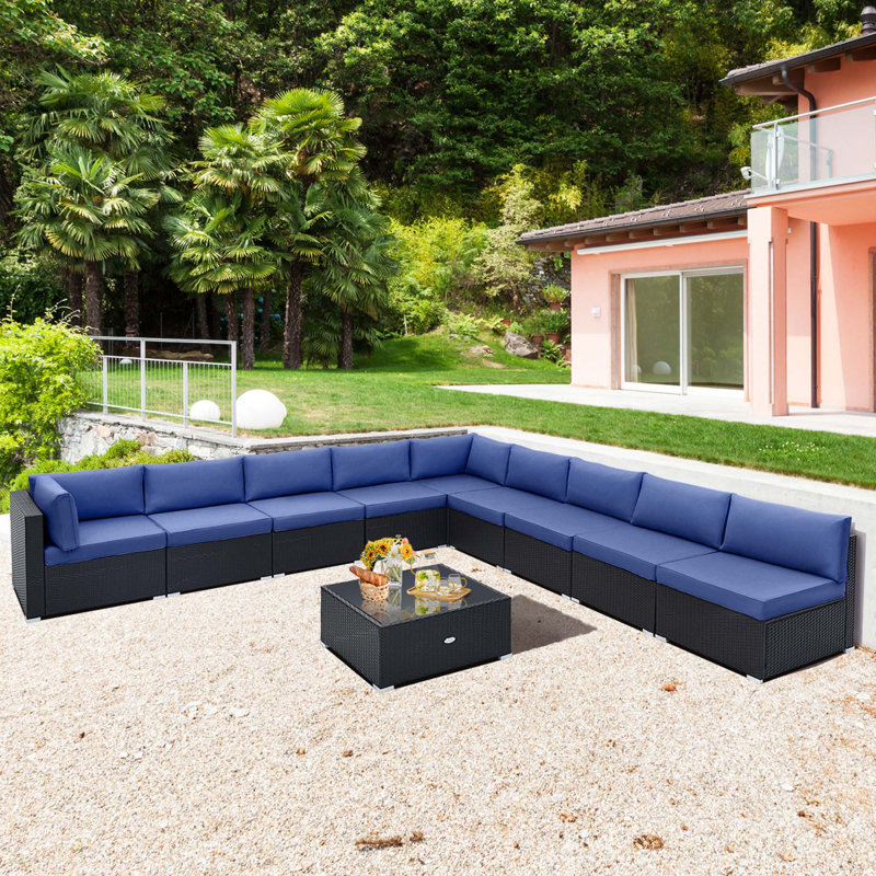 9 - Person Patio Conversation Set with Cushions, Navy