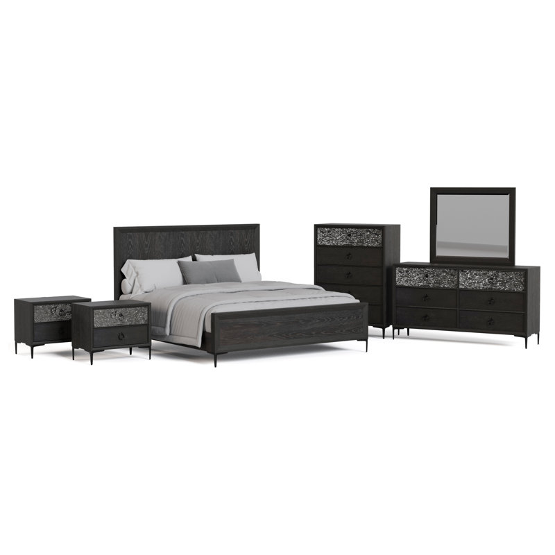 Ensemble de chambre à coucher 6 pièces Preste, Gris, Grand, 6Pcs: Bed, Nightstand, 2 Dressers, Mirror, Slat