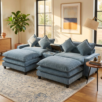  Canapé modulaire rembourré 111 pouces avec canapé porte-gobelets et 2 repose-pieds, gris