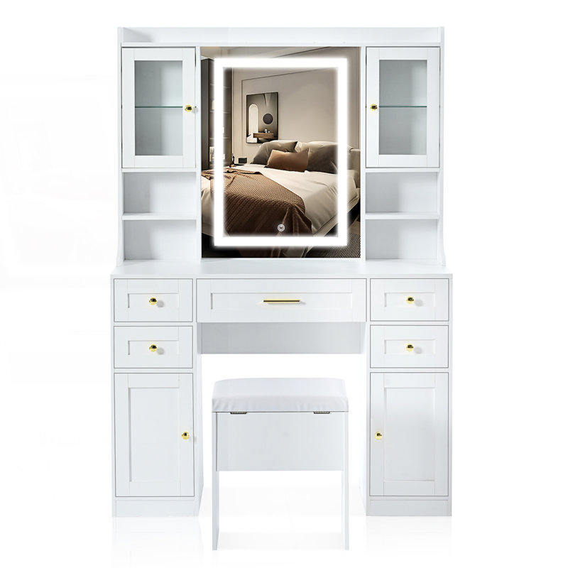 Bureau de maquillage avec miroir et lumières, table de maquillage avec 5 tiroirs et 4 armoires