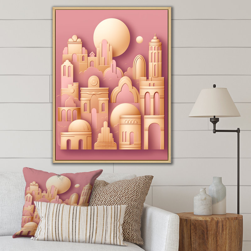 Oriental City en or rose rétro, H 40 po x l 30 po, Cadre naturel flottant