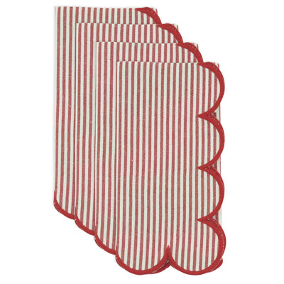 Red Striped Scalloped Cotton Cloth Napkins 20" W X 20" L, Set Of 4
