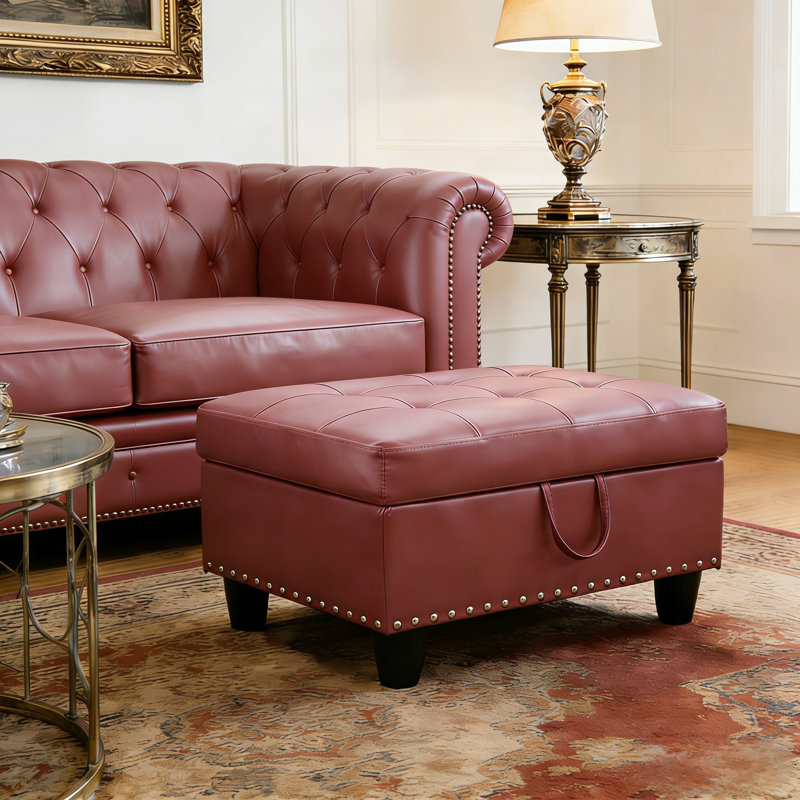 Red Faux Leather Storage Ottoman Bench with Nailhead Trim, Footrest & Multi-Use Stool for Living Room, Bedroom & Entryway