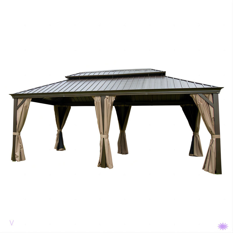 Outdoor Gazebo with Galvanized Steel Double Roof, 121.13" H x 239.93" W x 144.06" D, Brown