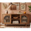 Console de meuble télé 64 pouces, 2 armoires et tablettes en verre arqué, bois de manguier brun noyer