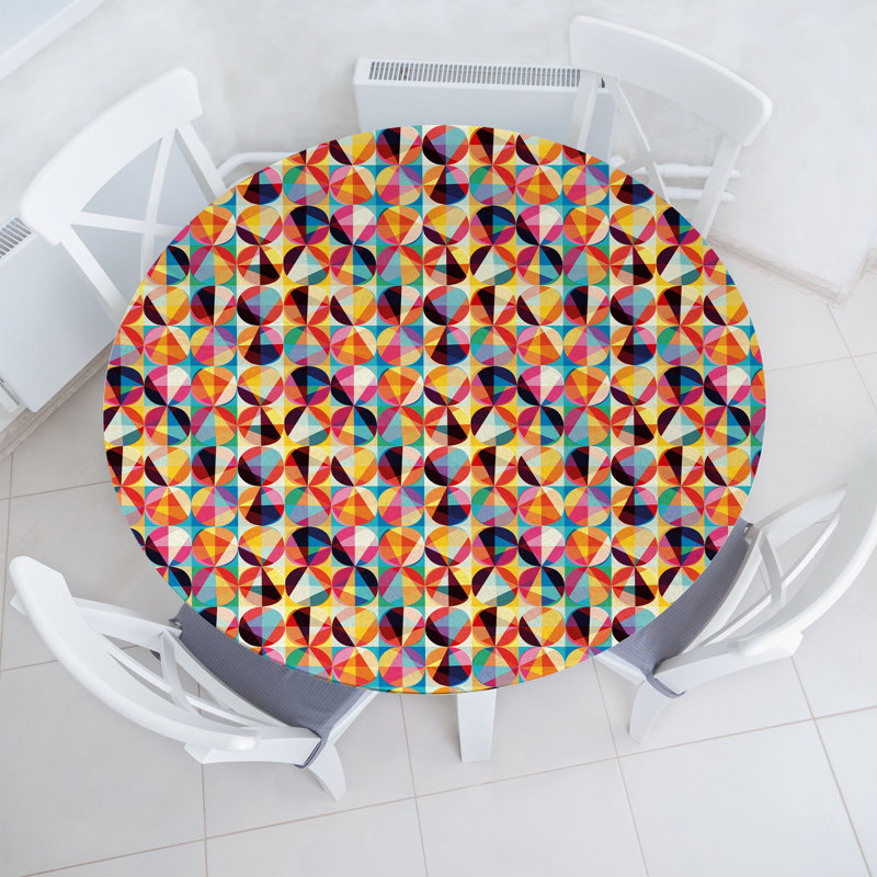 Ebern Designs Geometric Fitted Round Tablecloth 40"- 44" Diameter Multicolor, 51.97" Round