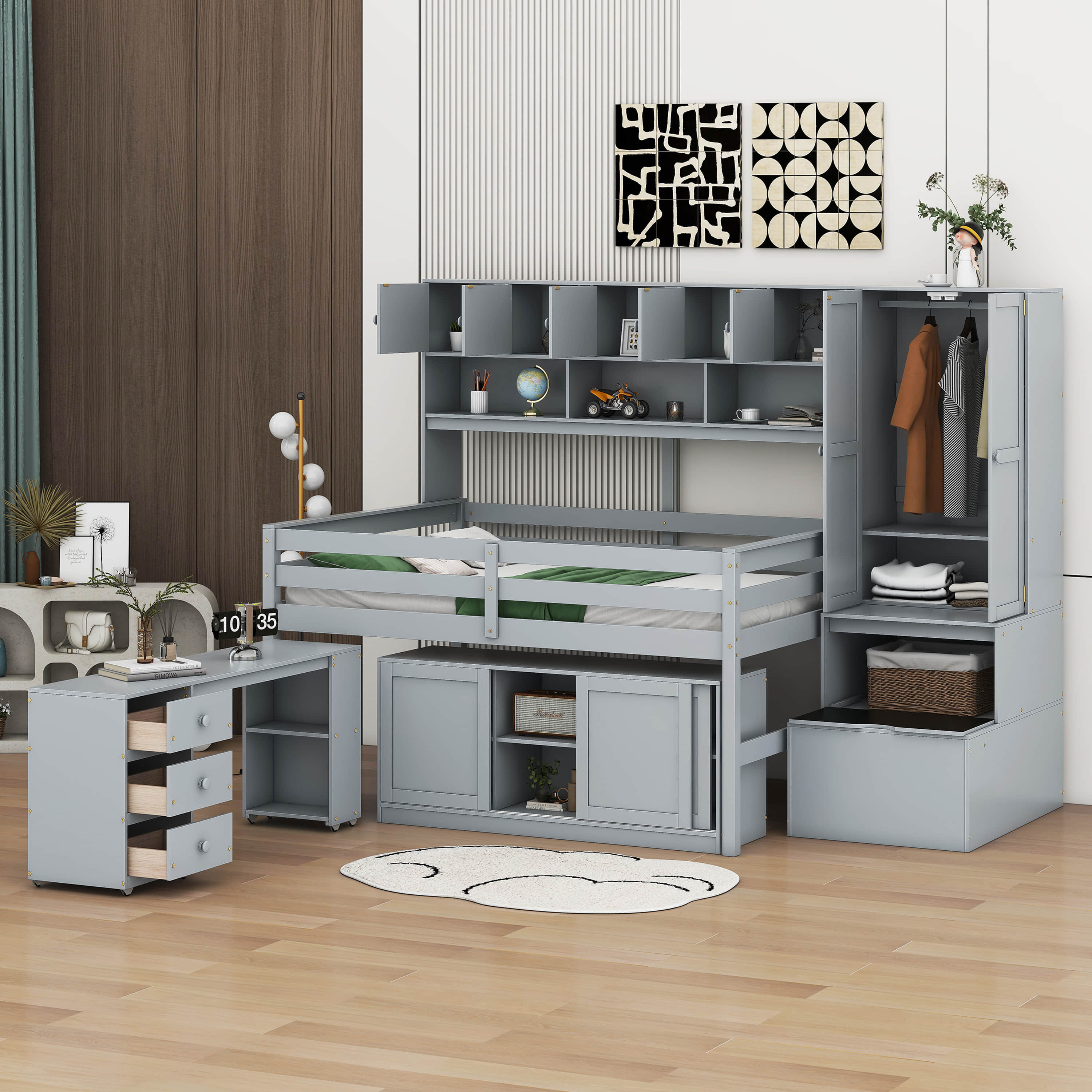 Harriet Bee Full Size Wooden Loft Bed Big Storage With Under-Bed Desk