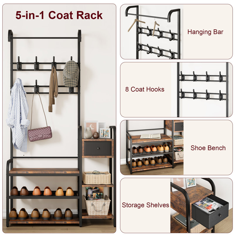 Tredan Freestanding 8 - Hook Coat Rack with Storage