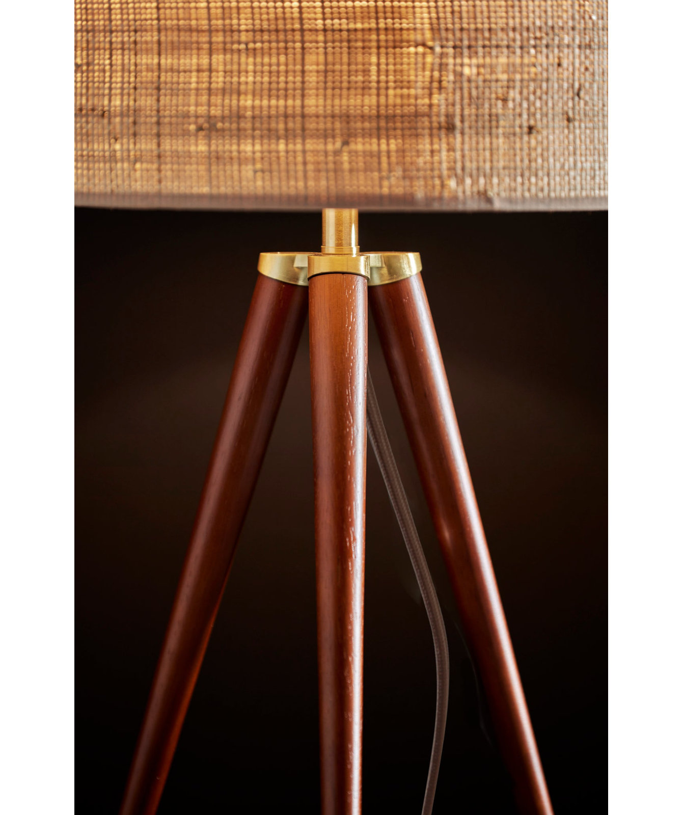 Kisa Wood Tripod Lamp, Walnut Wood w. Antique Brass Accents, Woven Natural Rattan Shade w. Beige Trim