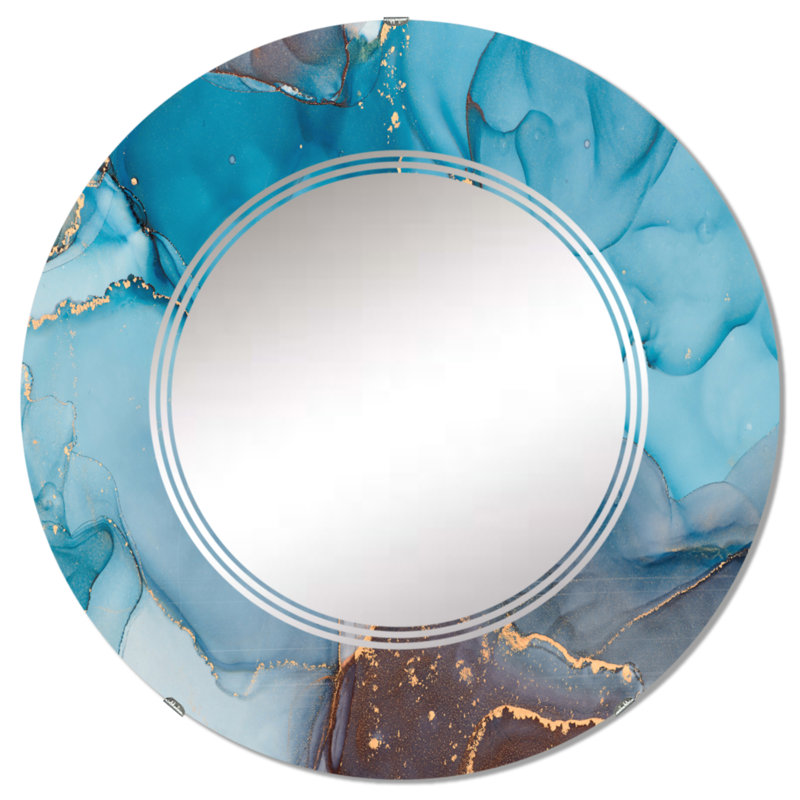 Bleu et gris luxueux abstrait fluide Art IV - miroir mural moderne, 24 po x 24 po