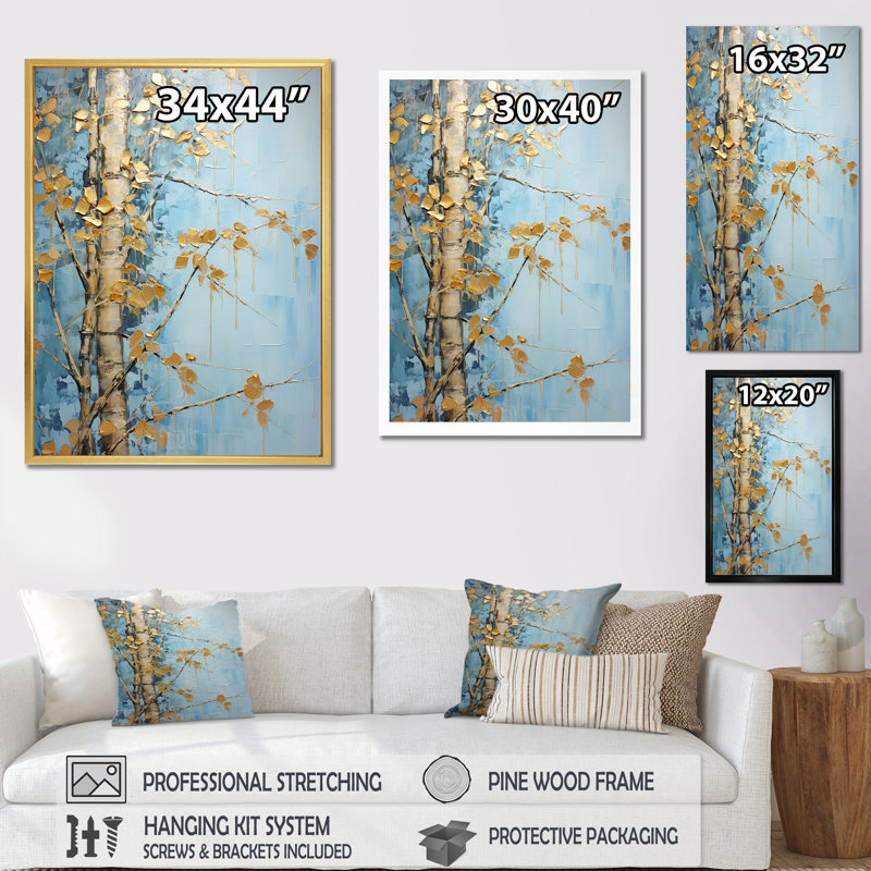 «Blue Mom», reproduction de toile de bambou bleue et dorée_106597, H 40 po x l 30 po x P 1,5 po, Cadre flottant doré