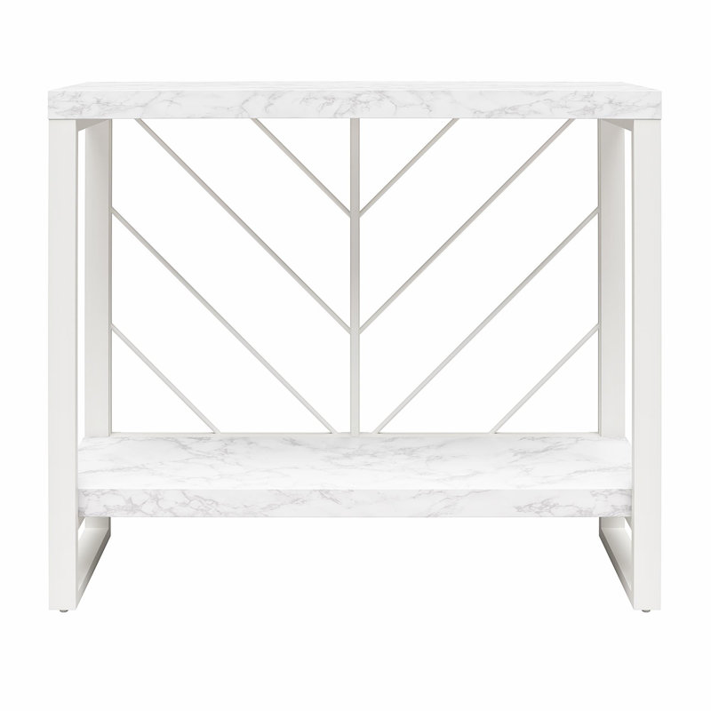 White Faux Marble and Steel Console Table with Storage Shelf