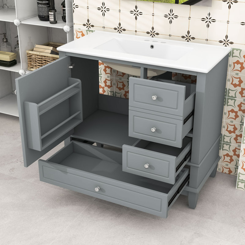 Meuble-lavabo autoportant avec lavabo en céramique, tiroirs de rangement et porte à fermeture douce, Gris