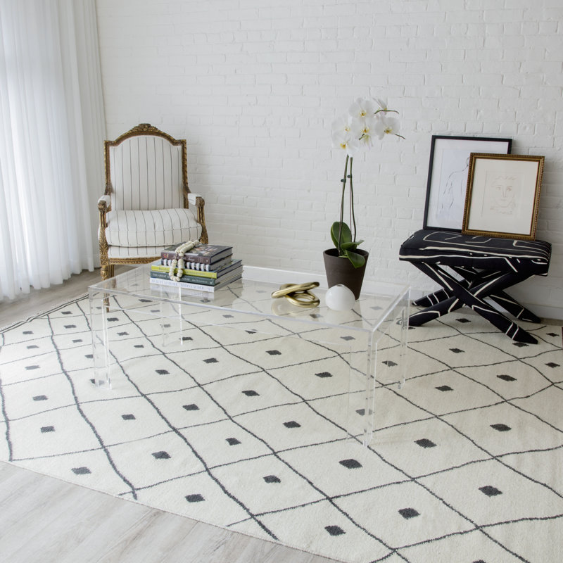 Tapis ivoire à motif géométrique en laine tissé à la main Mattawa, Rectangle 5 pi x 7 pi 6 po