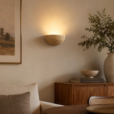 7.09" W 1-Light Natural Travertine Half-Moon Wall Sconce with 3W 2700K Bulb, Hardwired Uplight