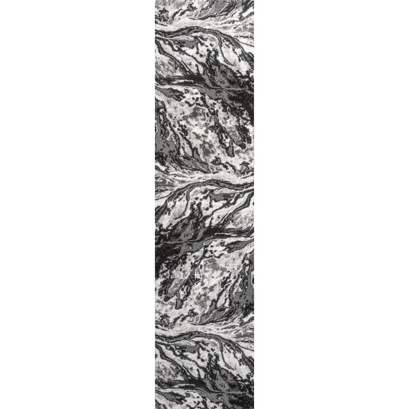 Horfield Marbled Abstract Black/Ivory Rug, Runner 2' x 10'