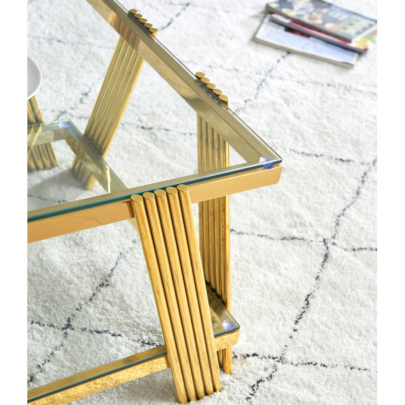 Ensemble de tables basses modernes en acier inoxydable (ensemble de 2), plateau de table en verre trempé transparent double couche, table basse et table d'appoint 2 pièces pour le bureau à domicile