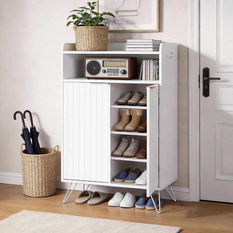 2-Door Slatted Traie 2 Hooks Tall Legs 26.8" Width, White