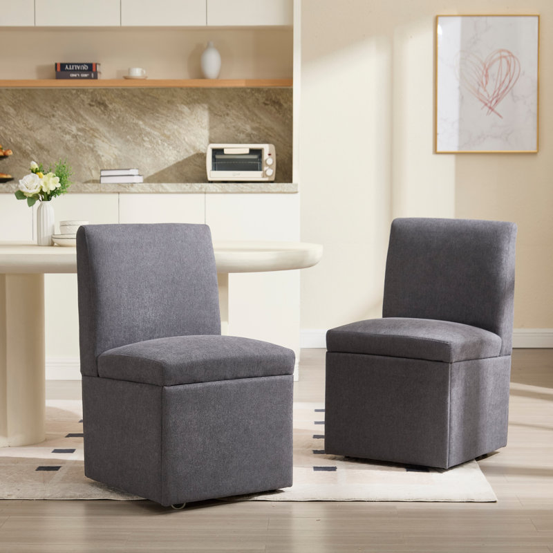 Saugus Swivel Upholstered Dining Chairs with Casters & Storage, Gray Linen