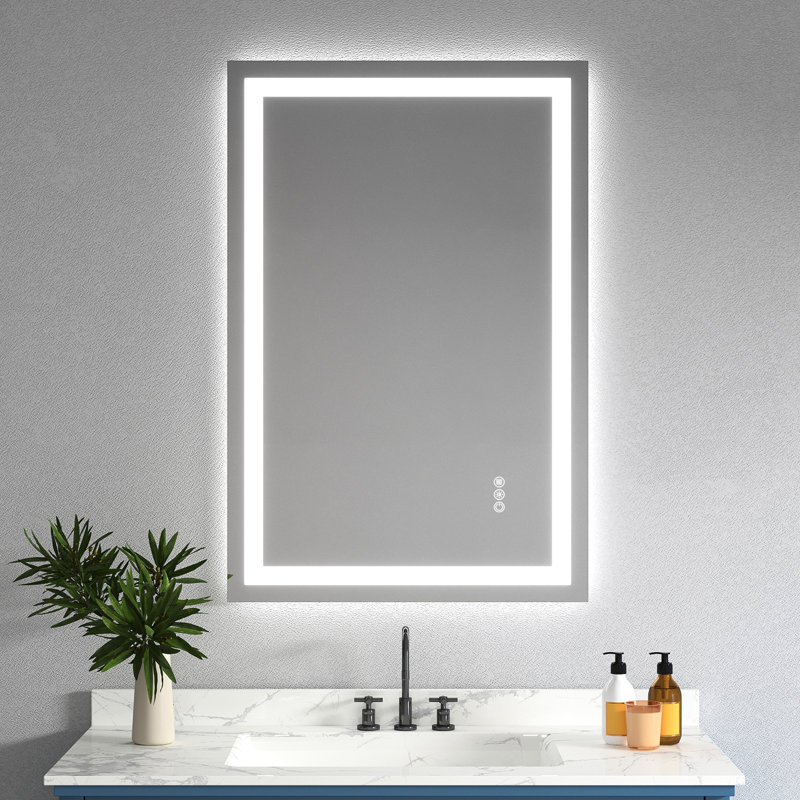 Miroir trempé 24 po x 32 po, deux bandes, éclairage avant et arrière, 3 températures de couleur, contrôle continu de la luminosité, fonction de brouillard, montage flexible, tournevis, accessoires de prise, mémoire