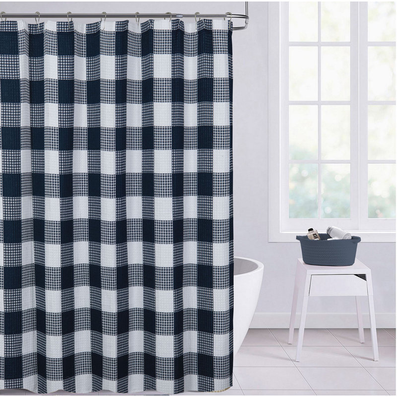 Navy Blue Cotton Checkered Shower Curtain with Liner, 70" x 72"