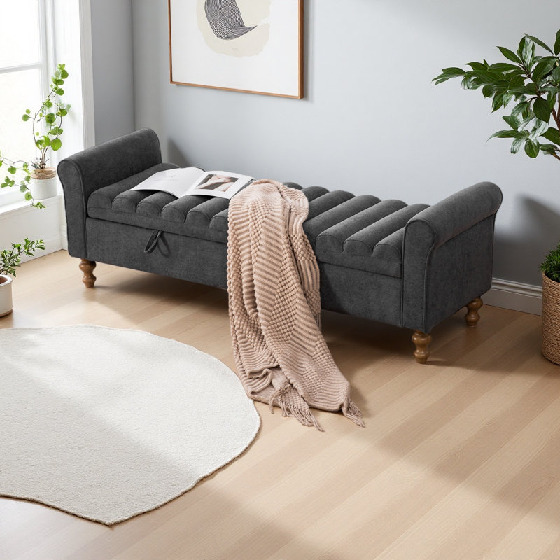 Banc de rangement rembourré de 65,6 po de largeur, tabouret de pied en tissu avec accoudoirs roulés, banc de repos avec pieds en bois d'hévéa