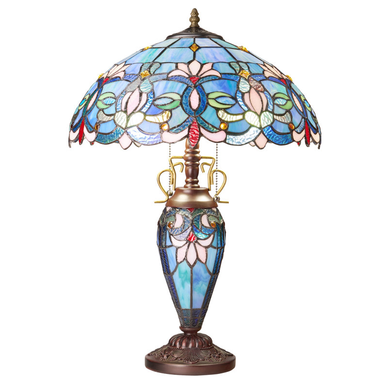 24.5"H Victorian Dome Shade Double Lit Tiffany-Style Stained Glass Table Lamp, Blue