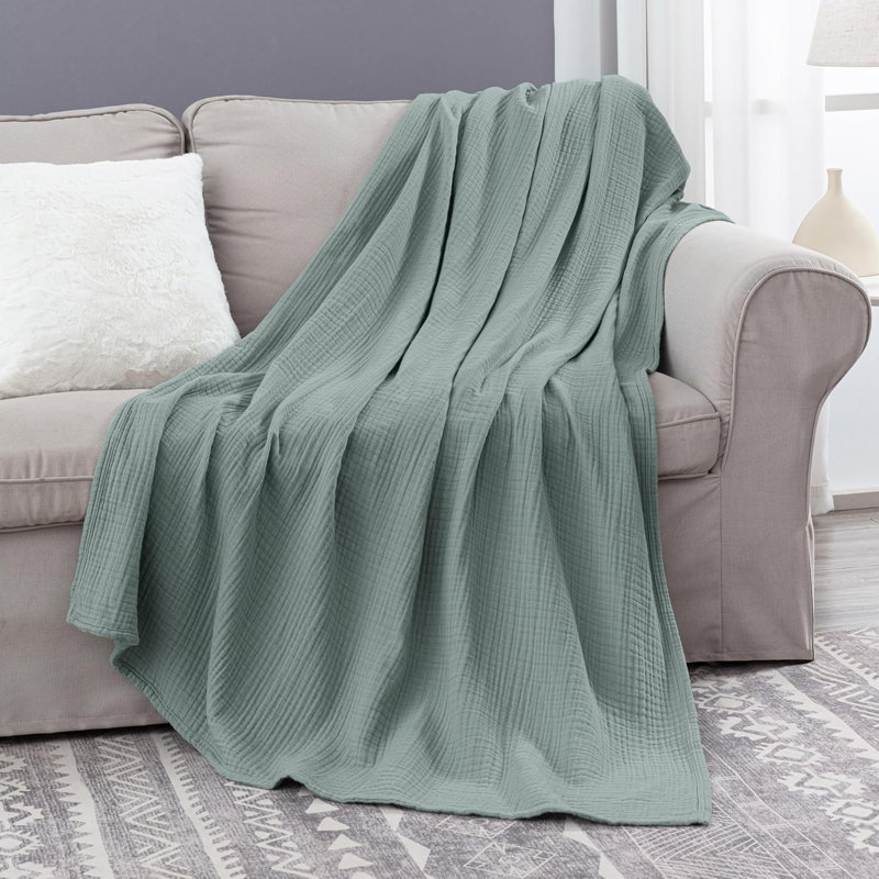 Airy Lightweight 4 Layer Cotton Muslin Blanket, King, Sage Green