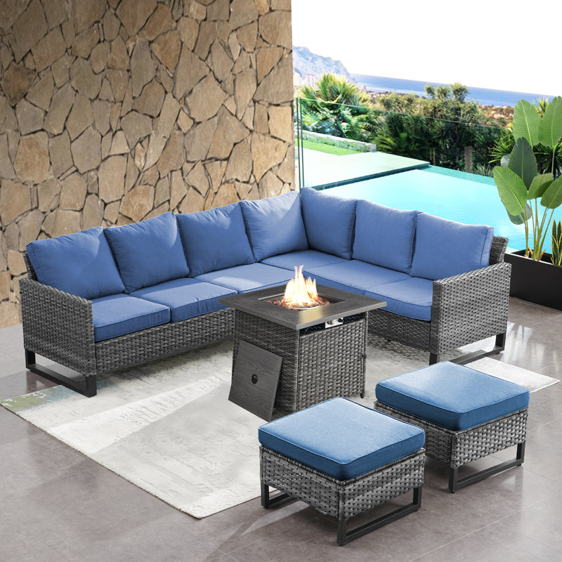 Naresa 4-Piece Outdoor Wicker Conversation Set, Patio L-Shaped Sectional Sofa Set With Fire Pit Table, Blue