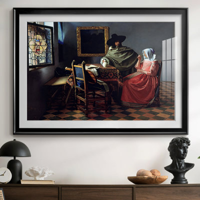 The Glass of Wine-Johannes Vermeer-Reproduction encadrée avec passe-partout et verre-c. 1660