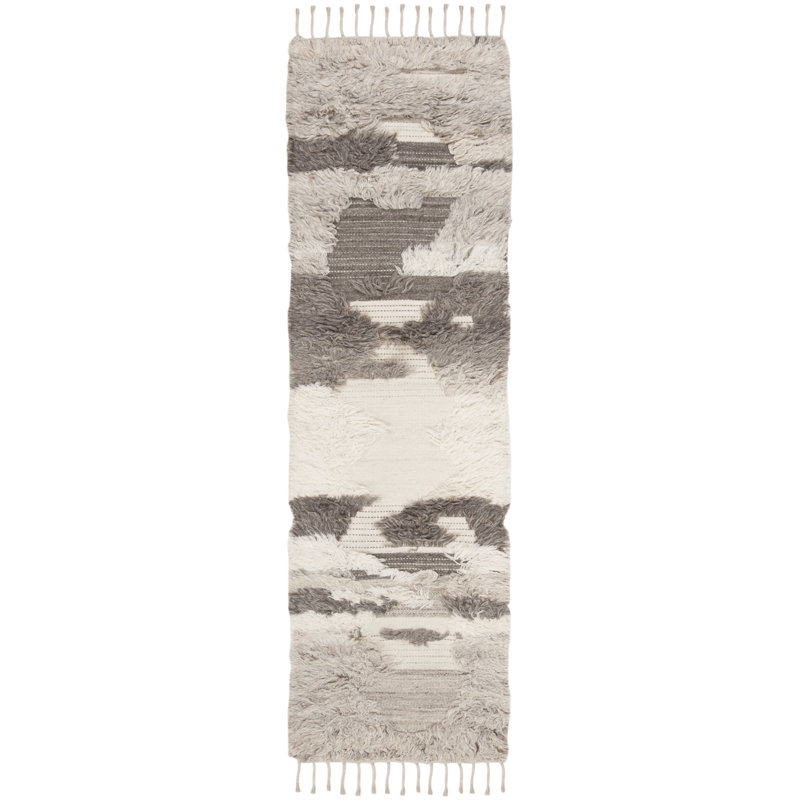 Tapis abstrait en laine / coton noué à la main Bakerhill ivoire / gris, Tapis de couloir 2 pi 3 po x 8 pi