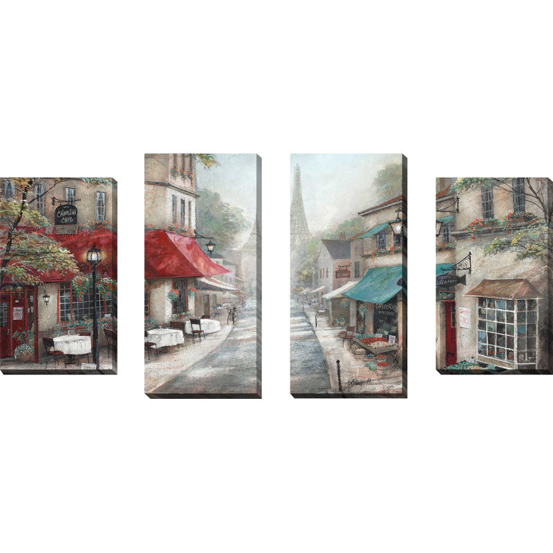 "Eiffel View From Charlie's Cafe" par Ruane Manning, ensemble de 4 reproductions sur toiles, H 30 po x l 56 po x P 1 po