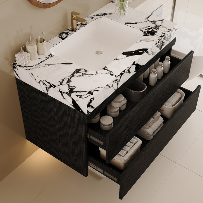 Meuble-lavabo flottant moderne 29,9 po avec comptoir en faux marbre et lavabo encastré en céramique, fixation murale pour petites salles de bain et appartements
