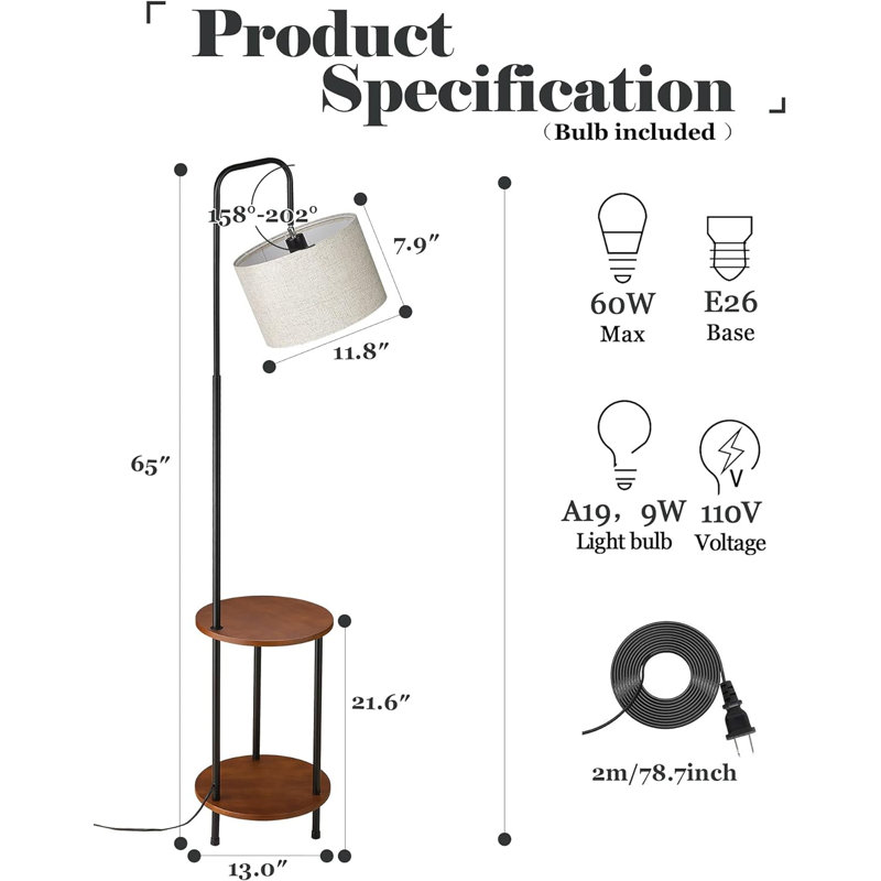 Modern Floor Lamp For Living Room, Solid Wood Side Table Lamp With Grey Fabric Drum Shade, 3-Color Temperatures End Table Standing Light For Bedroom, Living Room, LED Bulb Included, Matte Black