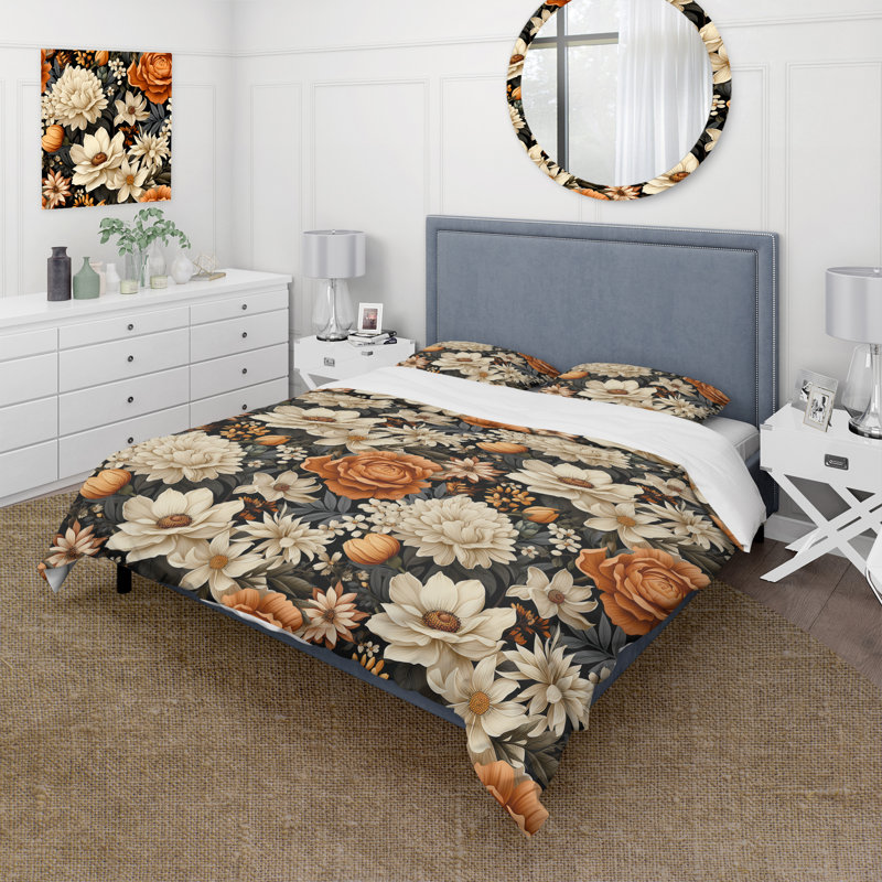 Literie Dahlia, Housse de couette pour grand lit et 2 taies décor